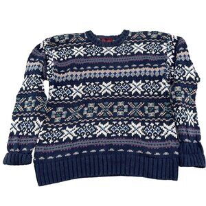 Arbor Way Sweater Men Medium Blue Multi Fair Isle‎ Snowflake Cotton Ramie VTG